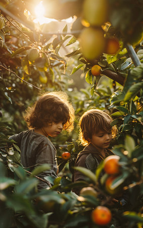 Children in the apple orchard harvesting, child gardening in the rays of the setting sun.の素材