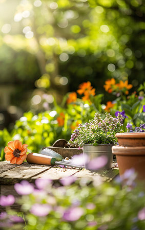 Backyard garden, Flowers and gardening tools in backyard flower bed.の素材