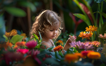 Portrait of a cute little girl sniffing a big colorful blooming flower.の素材