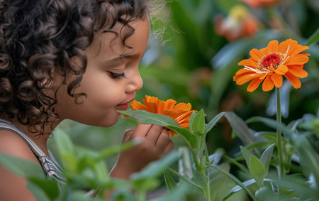 Portrait of a cute little girl sniffing a big colorful blooming flower.の素材