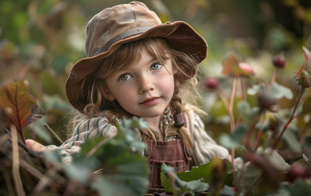 Child girl portrait with a hat working and playing in the backyard garden with flowers and plants.の素材