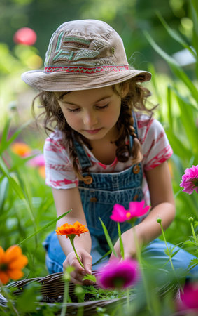 Child girl portrait working and playing in the backyard garden with colorful blooming flowers.の素材