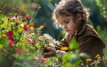 Child girl portrait working and playing in the backyard garden with colorful blooming flowers.の素材