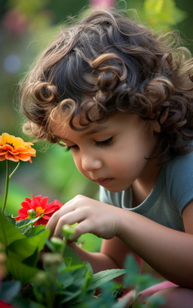 Child girl portrait working and playing in the backyard garden with colorful blooming flowers.の素材
