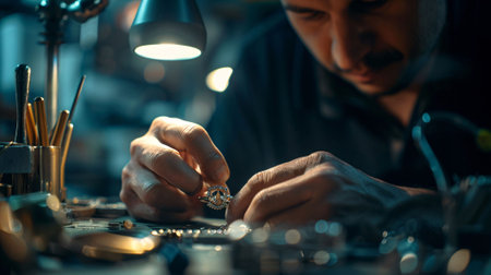 A close-up image of a master jeweler carefully crafting a delicate piece of jewelry under focused lighting. The jeweler's intense concentration and the meticulous handling of tools highlight the precision and artistry required in fine jewelry making.の写真素材