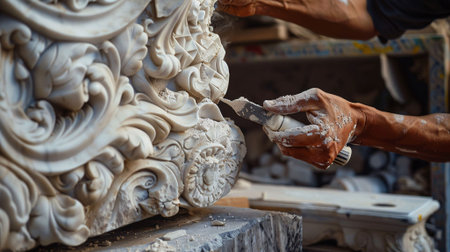 A close-up view of an artisan carefully carving detailed patterns into a stone surface. The image...