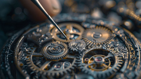 A close-up shot of a watchmaker using fine tools to adjust the gears of a mechanical watch. The image emphasizes the precision and skill required in horology, showing the detailed craftsmanship in assembling and repairing timepieces.の写真素材