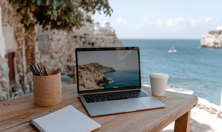 A sleek laptop with a blank screen on a wooden table by the coastline, accompanied by a notebook and cup. Ideal for flexible work schedules and freelancing concepts.の素材