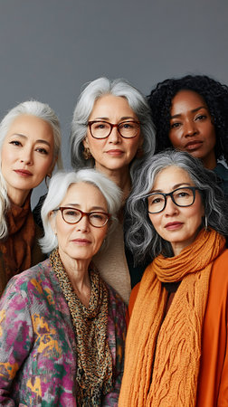 A group of five mature women from different ethnic backgrounds wearing colorful scarves and glasses, representing inclusion and support.の素材