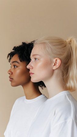 Focused medium shot of three women standing together, showcasing harmony, cultural representation, and modern individuality.の素材