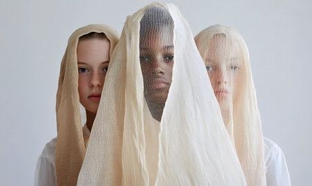Close-up of three women with striking natural beauty draped in gauze, emphasizing unity, serenity, and cultural harmony.の素材