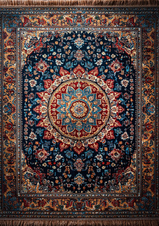 A vibrant Persian rug with an intricate circular medallion and surrounding floral patterns. The rich blue and beige tones bring a sense of traditional craftsmanship to any room, making it a beautiful and elegant addition to home decor.の素材