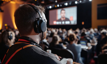 A wide-angle shot of a conference room with a participant wearing headphones in the foreground, attending a hybrid event. The background shows a large screen with a virtual speaker addressing the audience.の素材