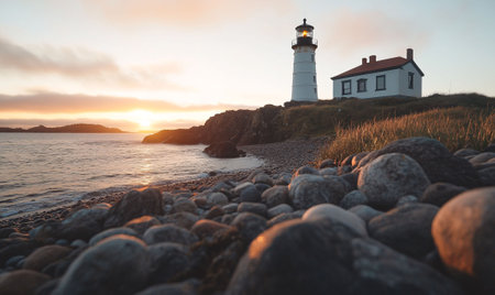 A scenic view of a lighthouse by the rocky shore, bathed in warm sunset light, with smooth pebbles in the foreground.の素材