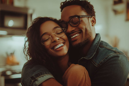 Medium shot of a happy couple in an intimate hug, with the man wearing glasses, both displaying warmth and love.の素材