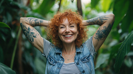 Mid-shot of a senior woman with curly red hair, smiling warmly while standing in a natural environment with greenery.の素材