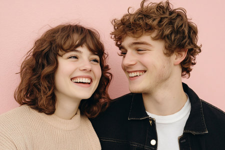Close-up of a young couple laughing together against a pink background, expressing joy, connection, and youthful energy in a candid moment.の素材