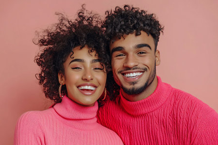 Close-up of a young couple with curly hair, smiling warmly while embracing each other, symbolizing love and companionship in a relaxed setting.の素材