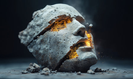 An ancient stone sculpture of a human head featuring glowing digital circuits, symbolizing AGI artificial intelligence and the merging of history with futuristic technology.の素材