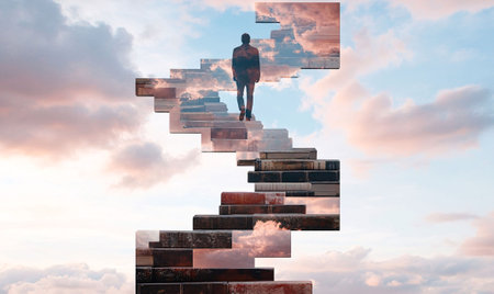 A surreal scene of a human figure standing on a staircase made of books, ascending into the clouds, symbolizing AGI artificial intelligence and limitless potential.の素材