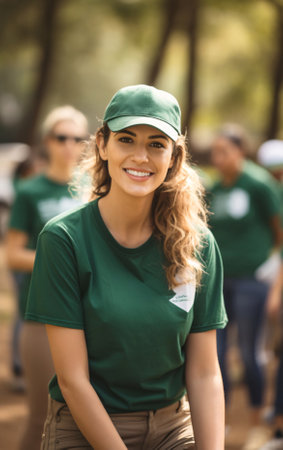 A smiling woman wearing a green cap and t-shirt is actively engaged in a community service event outdoors with other volunteers in the background.の素材