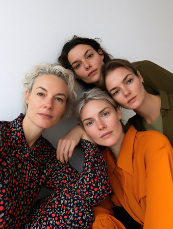 Medium shot of four diverse women in stylish layered clothing, showing individuality, unity, and elegance in a studio setting.の素材