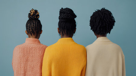 Symmetrical back-view of three women in warm knit sweaters, standing outdoors, emphasizing natural beauty, unity, and serenity.の素材