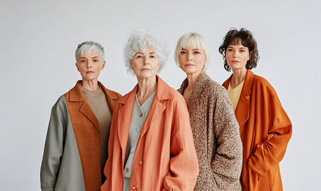 Close-up group portrait of four women in neutral-toned clothing, showing diversity, confidence, and cultural identity in a studio setting.の素材