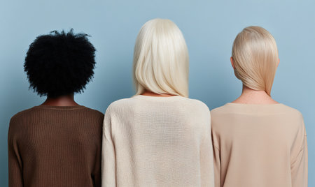 Back view of three women with short and colorful hairstyles, symbolizing modern creativity and inclusivity. A vibrant representation of diversity and personal expression.の素材