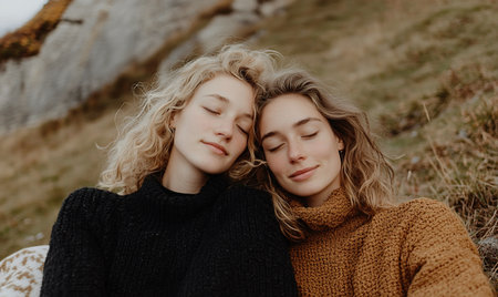 Two women sitting close together with eyes closed, leaning against each other in a peaceful outdoor environment, radiating trust and respect in a lesbian relationship and relaxation.の素材