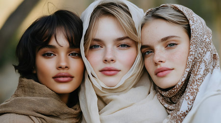 Frontal close-up of three women of varying ethnicities, showing beauty, diversity, and solidarity in an elegant composition.の素材