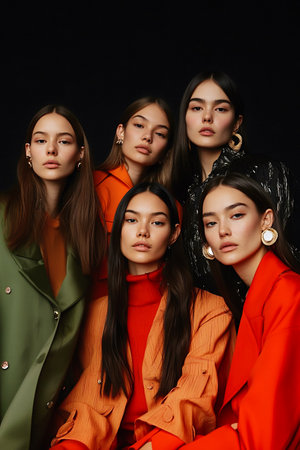 A dynamic group portrait of five stylish women wearing colorful attire, symbolizing unity, friendship, and sisterhood. Perfect for themes of fashion, individuality, and togetherness.の素材