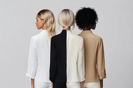 Back view of three women of different ethnicities wearing stylish outfits, representing diversity and inclusion.の素材