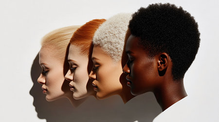 Close-up of four diverse women lined up in profile, showing various ethnicities and hair textures under strong lighting.の素材