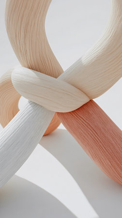 Modern, intertwined wooden sculptures in soft beige, white, and earthy tones, representing concepts of diversity, unity, and interconnection in an abstract artistic style.の素材