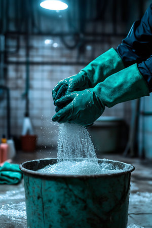Detailed shot of sanitation worker's hands in green gloves wringing out water from a wet mop into a large industrial bucket.の素材