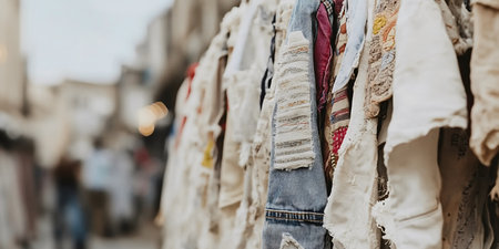 Close-up of vintage denim jackets on display at an outdoor second hand market, showing sustainable fashion and zero waste concepts.の素材