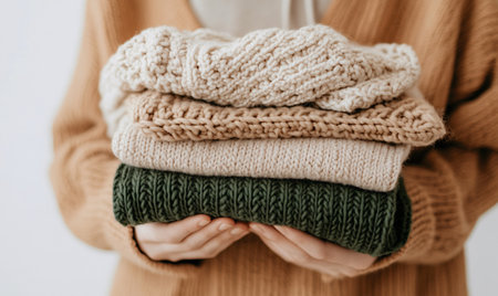 Close-up of hands holding a stack of cozy, knit sweaters in neutral tones, emphasizing second hand fashion and sustainable living.の素材