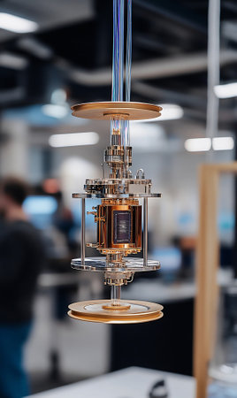 A quantum processor inside a cryogenic system in an ultra-modern lab.の素材