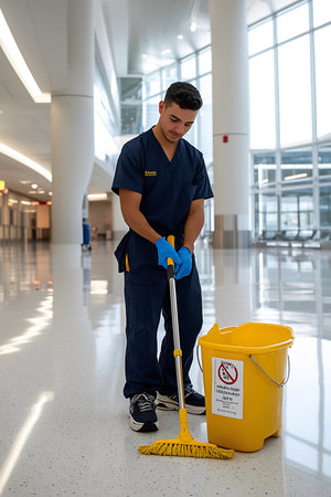 Mid-range shot at a slightly low angle of a young janitor cleaning a shiny floor with a mop and a yellow caution bucket in a modern hallway.の素材