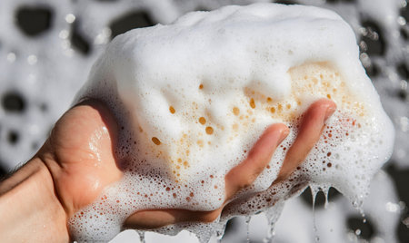 A close-up of a hand holding a sponge filled with soap suds, showcasing the tools and methods used for car washing and maintenance.の素材