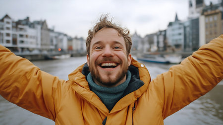 A happy man wearing a yellow jacket, standing by a scenic river in a lively city, arms raised in joy and excitement.の素材