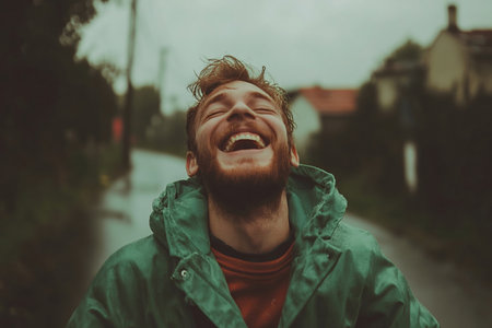 A candid shot of a young bearded man laughing joyfully while standing on a rainy street, wearing a green jacket under a cloudy sky.の素材