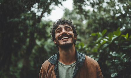 A candid close-up of a young man with a joyful smile, standing in the rain surrounded by lush green foliage, conveying freedom and happiness.の素材