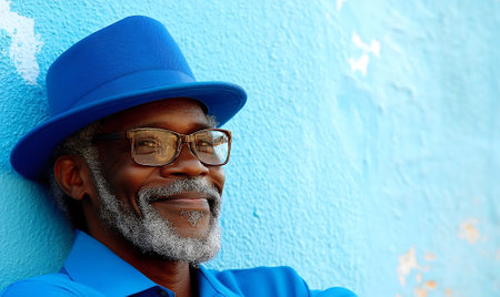 A cheerful elderly man with a beard and glasses, wearing a stylish blue outfit and hat, smiling confidently against a bright blue wall.の素材