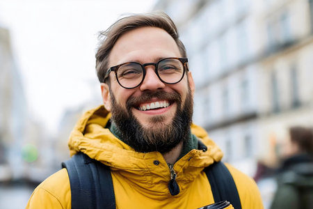 A cheerful man with glasses and a beard, wearing a yellow jacket, standing outdoors on a bustling city street, holding a coffee cup and smiling warmly.の素材