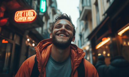 Close-up portrait of a cheerful man with a beard, wearing a jacket and standing on a vibrant neon-lit street. The man is smiling warmly, with glowing signs and an energetic urban nightlife setting around him.の素材