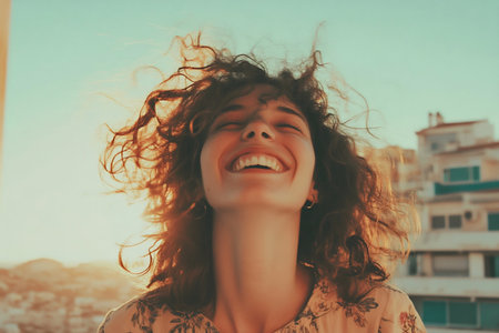 Vivid portrait of a cheerful woman with windblown curly hair, laughing joyfully while standing outdoors at sunset. The serene coastal background complements her vibrant personality and carefree spirit.の素材