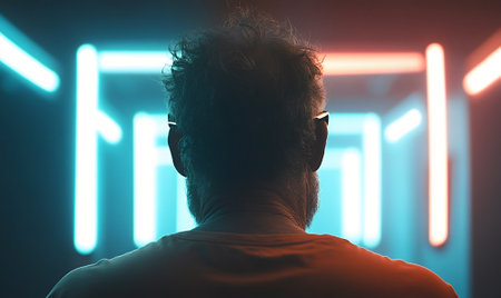 A cinematic over-the-shoulder view of a senior man standing in a neon-lit corridor, creating a dramatic and artistic atmosphere.の素材