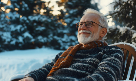 A joyful elderly man with a white beard, wearing a striped sweater and scarf, sitting outdoors surrounded by snow-covered trees under winter sunlight.の素材